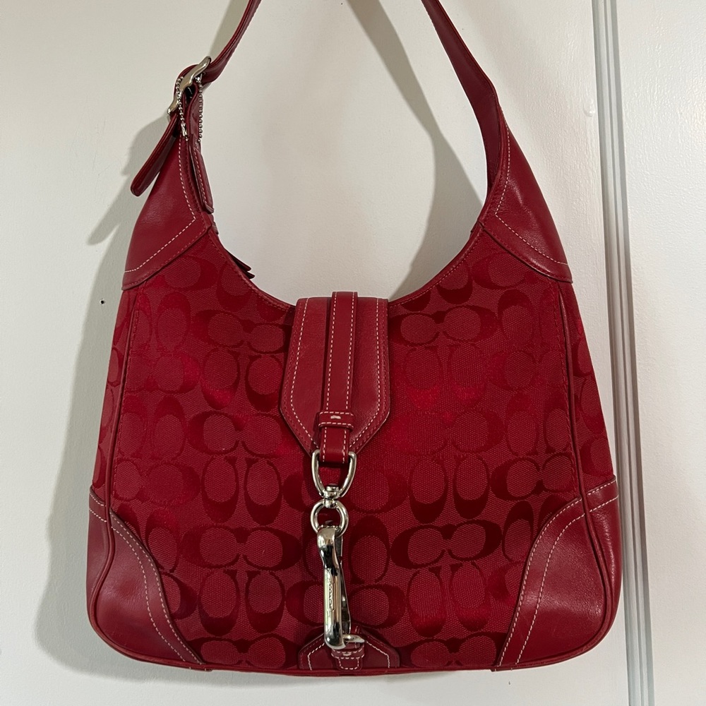 Cherry Red Jacquard Monogram and Leather Coach Hobo Bag